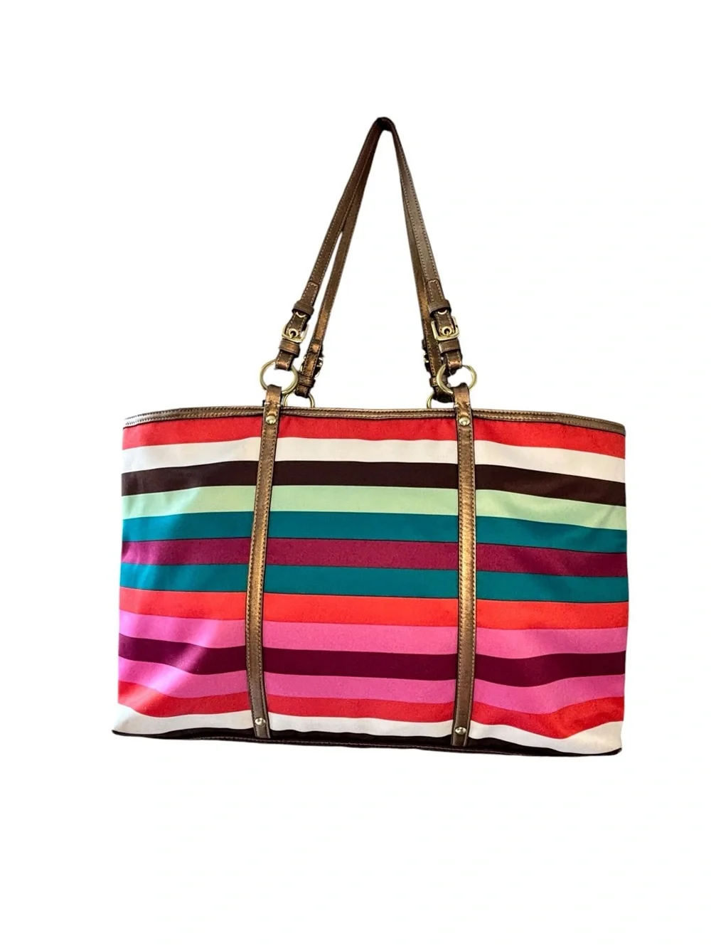 COACH Legacy Stripe Large Satin Tote Bronze Leather Trim Style 14010